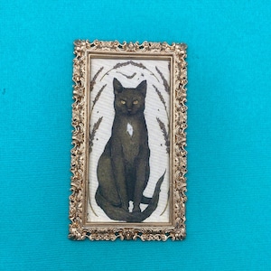 Black Cat Miniature Dollhouse Framed Picture, Witch&#39;s Cat, Goldtone Frame, 1:12 Scale