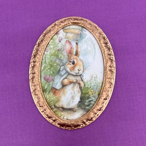 Miniature Bunny Picture in a Gold Tone Oval Frame, Dollhouse Rabbit Picture, 1:12 Scale