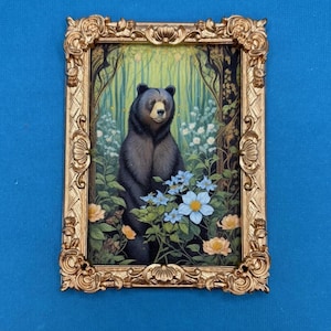 Miniature Picture of a Black Bear with Flowers in the Forest, Charming Miniature Dollhouse Framed Print, AI Art, Goldtone Frame, 1:12 Scale