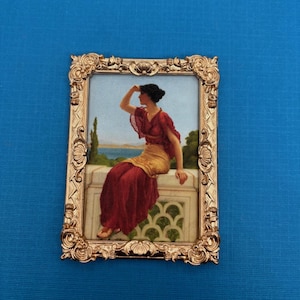 The Signal by John William Godward, Miniature Dollhouse Framed Picture, A Woman in a Red Dress Scans the Horizon