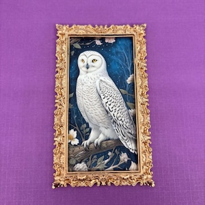 Snowy Owl Dollhouse Framed Picture, AI Art Print, White Hedwig Owl, Miniature Bird Print, 1:12 Scale in a Gold-Tone Frame image 1