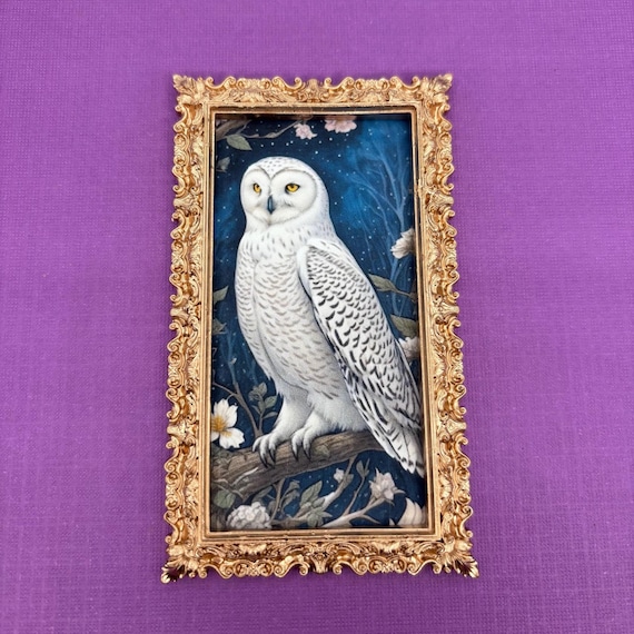 Snowy Owl Dollhouse Framed Picture, AI Art Print, White Hedwig Owl, Miniature Bird Print, 1:12 Scale in a Gold-Tone Frame