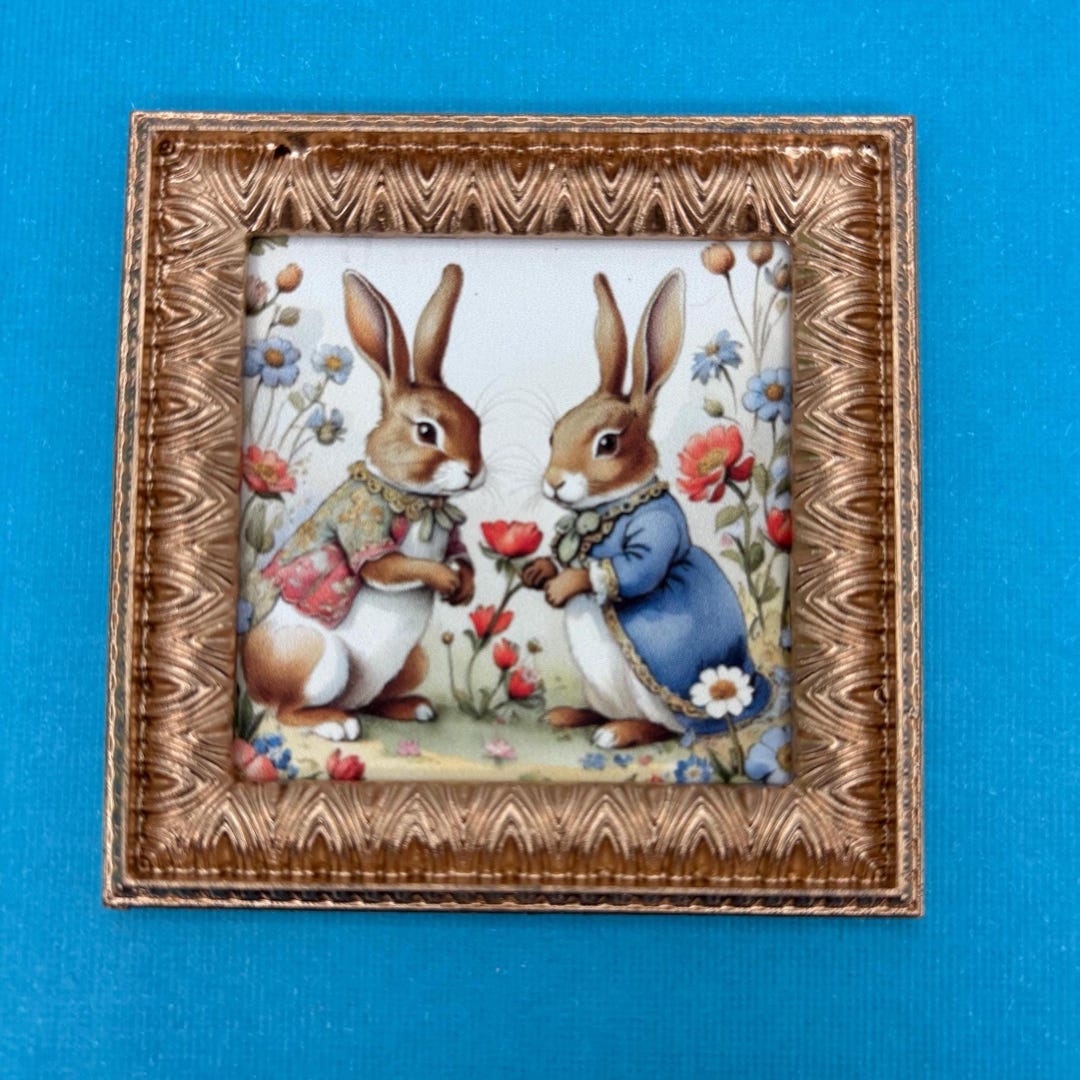 Measuring Picture Frame Rabbit Two Rabbits in a Gold Frame, Cute Woodland Creatures Framed Miniature ...