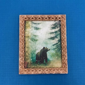 Miniature Bear Picture, Dollhouse Framed Picture, Miniature Picture for a Forest Cabin Room Box, Goldtone Frame, 1:12 Scale Miniature Art