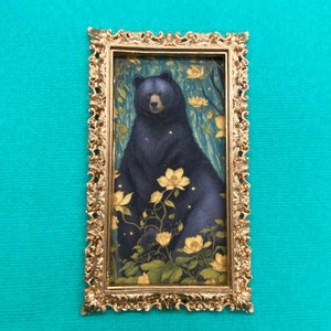 Dollhouse Miniature Portrait of a Black Bear, Whimsical Framed Picture for Your Cabin Diorama, Goldtone Frame, 1:12 Scale Art Print