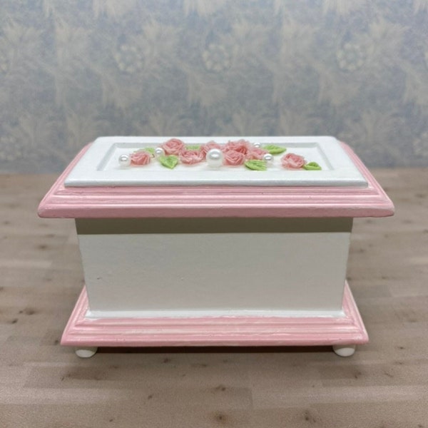Miniature White and Pink Trunk with 3D Flower Decoration, Dollhouse Bedroom Storage Chest for a Girl, Elegant Floral Trunk OOAK