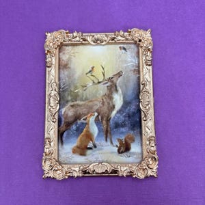 Forest Animals Dollhouse Picture, Cute Woodland Creatures in Miniature 1:12 Scale, Goldtone Framed Art Print