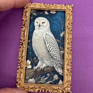 Snowy Owl Dollhouse Framed Picture, AI Art Print, White Hedwig Owl, Miniature Bird Print, 1:12 Scale in a Gold-Tone Frame image 2