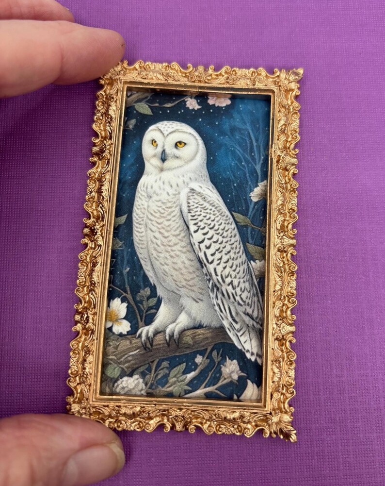 Snowy Owl Dollhouse Framed Picture, AI Art Print, White Hedwig Owl, Miniature Bird Print, 1:12 Scale in a Gold-Tone Frame image 2