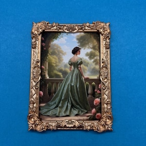 Romantic Woman in Green Ball Gown, Miniature Dollhouse Framed Picture, Princess in a Castle in a Fancy Dress with Roses, AI Art Print