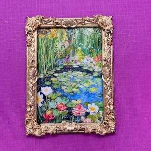 Monet-Inspired Lily Pond, Impressionist Art, Miniature Dollhouse Framed Picture, AI Art Print, Gold Plastic Frame, Claude Monet