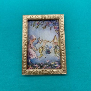 Framed Fairy Miniature Print, Miniature Dollhouse Framed Picture, Resin Goldtone Frame, 1:12 Scale, Miniature Frame Art, Fairy, Vintage Art