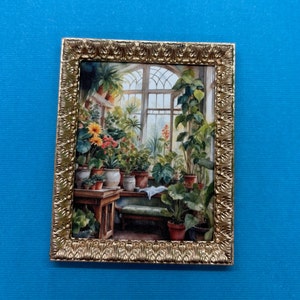 Cozy Greenhouse Interior Dollhouse Picture, Miniature Print of Plants for a Garden Room Box, 1:12 Scale, Miniature Framed Wall Art