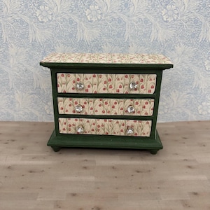 Dollhouse Miniature Green Chest with Floral Print - Crystal Knobs - 1:12 Scale