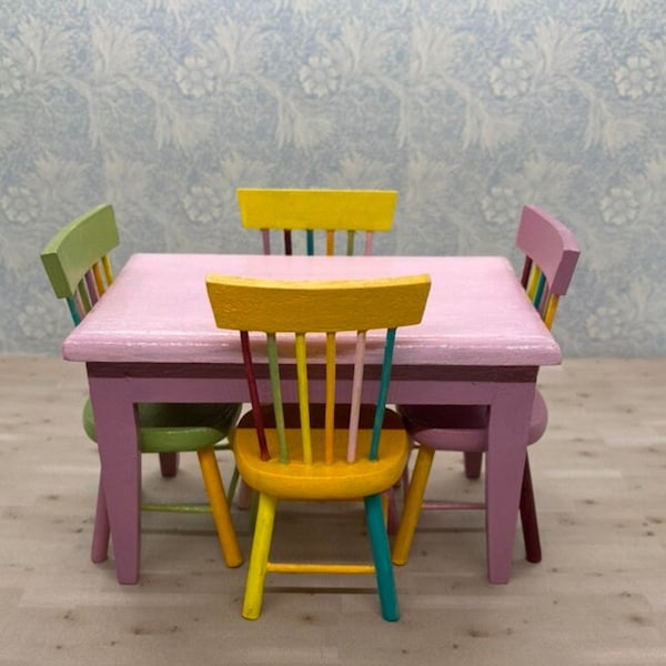 Colorful Table and Chairs Miniature Dining Room Set, Dollhouse Kitchen Table in Pastel Colors, 1:12 Scale, OOAK