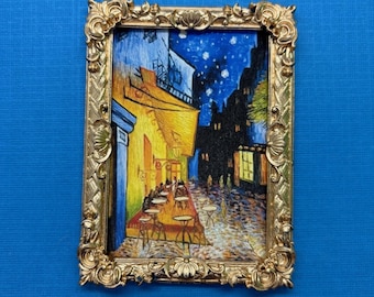 Van Gogh Cafe Terrace at Night Miniature Framed Picture, Circa 1888, Art in an Intricate Gold Frame for Your Dollhouse, 1:12 Scale