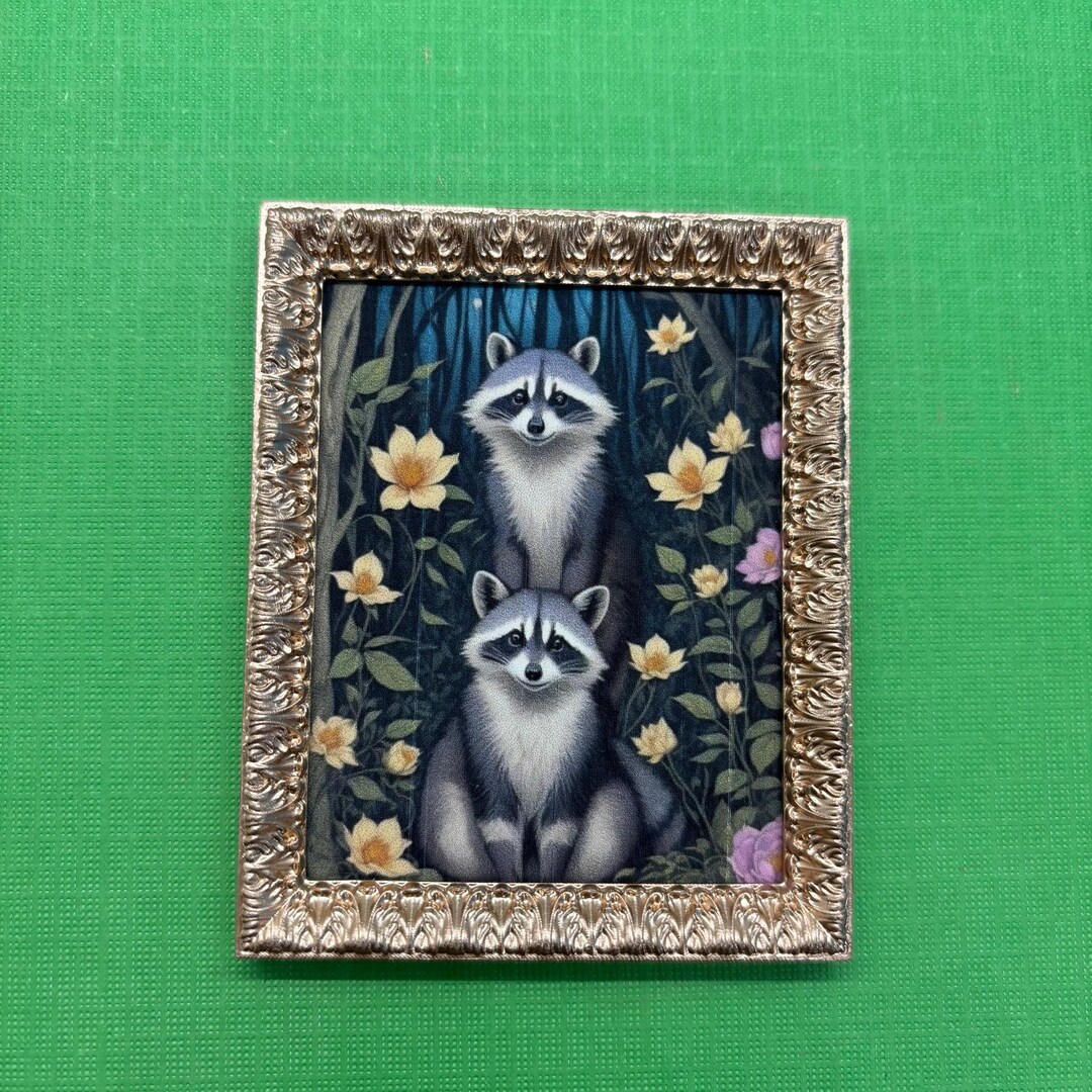 Mini Raccoon Two Cute Raccoons in a Miniature Gold Frame, Cute Woodland Creatures ...