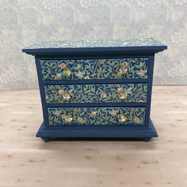William Morris Miniature Dresser, Floral Design with Birds, A Tiny Chest of Drawers for your Dollhouse Bedroom, 1:12 Scale