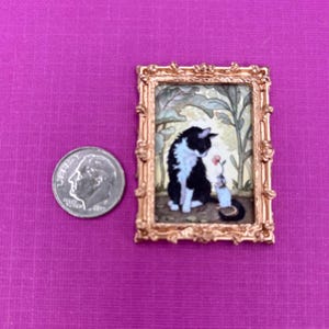 Cat and Mouse Miniature Framed Picture, Whimsical Print of Mouse Offering a Cat a Flower for Your Dollhouse or Room Box, 1:24 Scale