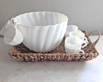 Vintage Milk Glass Swirl Punch Bowl & Cup Set