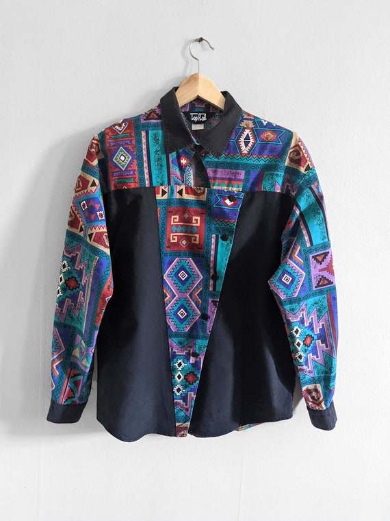 1990s Southwestern Geometric Print Cut out Shirt … - image 1