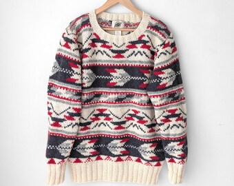 100% Wool Vintage Hand Knit Arrowhead Crewneck Sweater