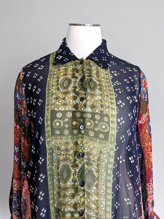 Vtg Sheer Patchwork Pattern Long Shirt Tunic - image 2