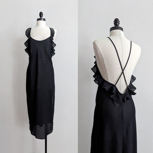 Vintage Black Chiffon Ruffle Bias Cut Strappy Halter Backless Nightgown