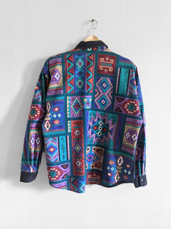 1990s Southwestern Geometric Print Cut out Shirt … - image 2