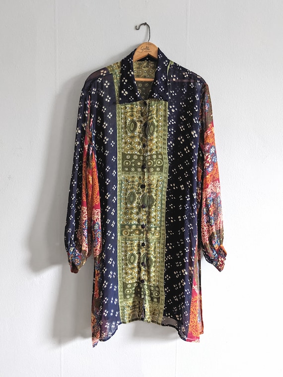 Vtg Sheer Patchwork Pattern Long Shirt Tunic - image 5