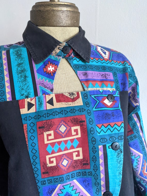 1990s Southwestern Geometric Print Cut out Shirt … - image 5