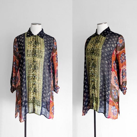Vtg Sheer Patchwork Pattern Long Shirt Tunic - image 1