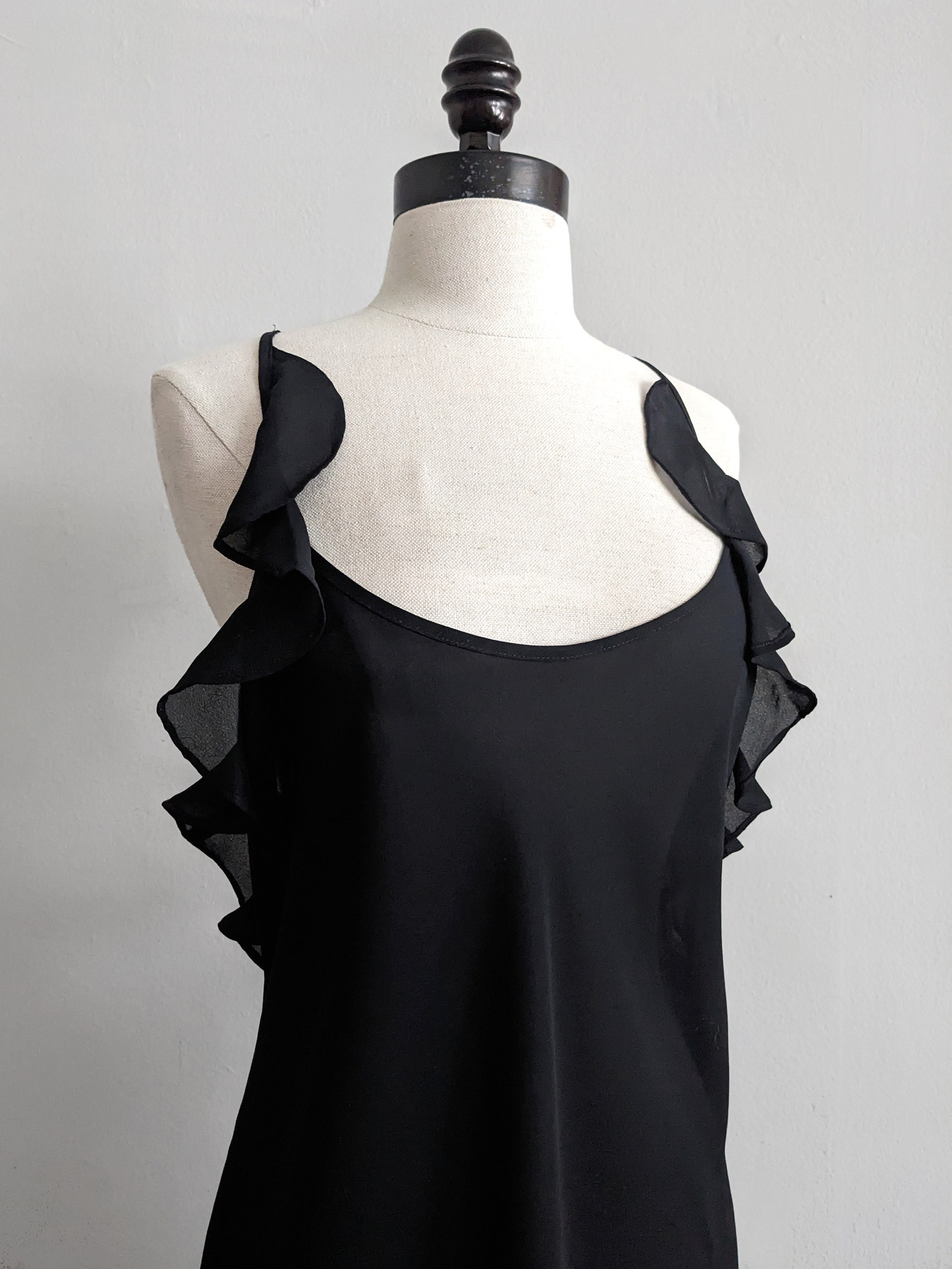 Vintage Black Chiffon Ruffle Bias Cut Strappy Halter Backless Nightgown ...