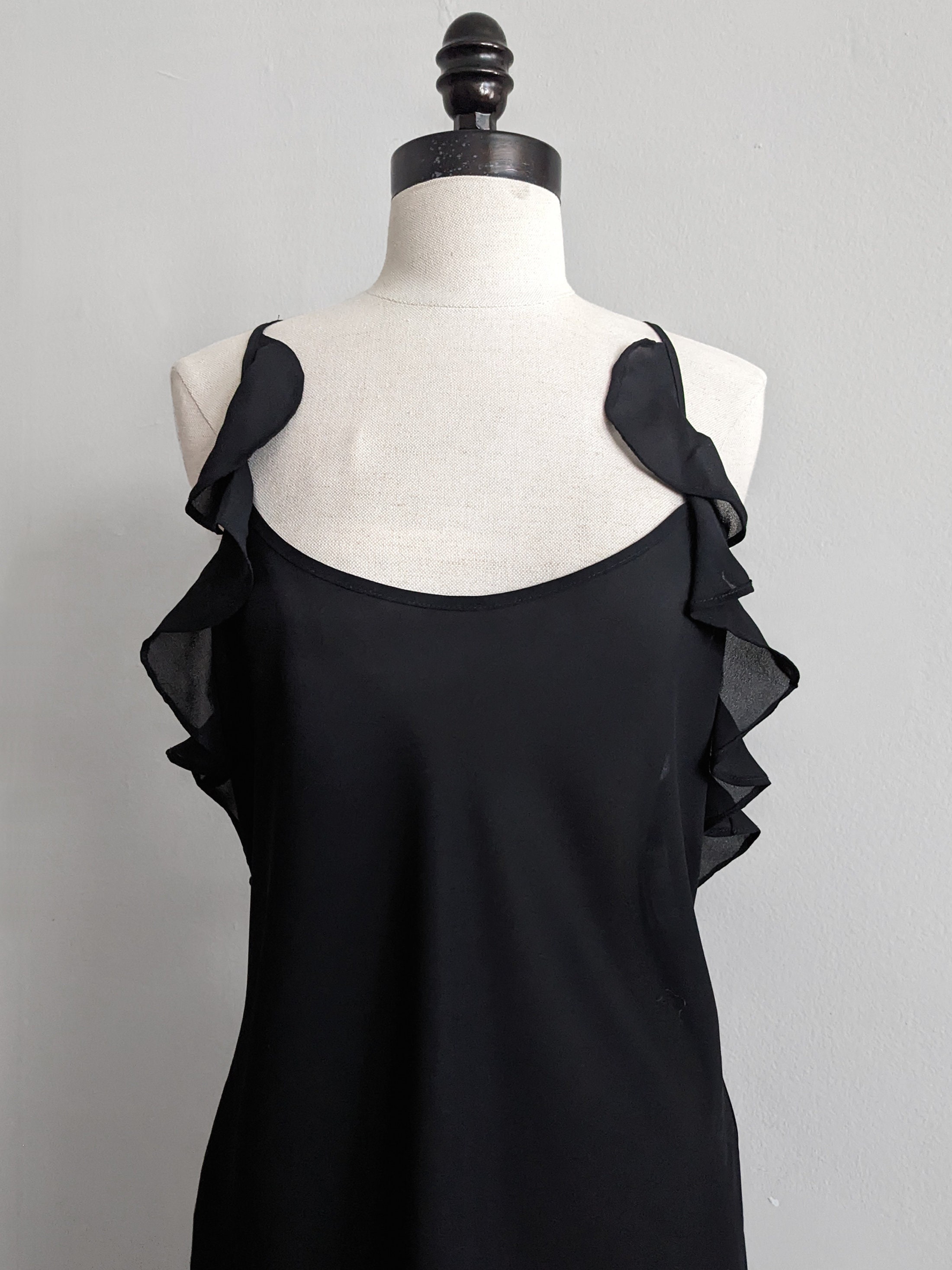 Vintage Black Chiffon Ruffle Bias Cut Strappy Halter Backless Nightgown ...