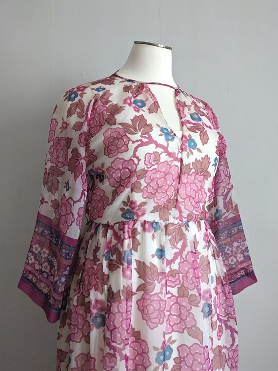 1970's Sheer Floral Chiffon Fit & Flare Dress - Gem