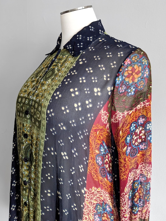 Vtg Sheer Patchwork Pattern Long Shirt Tunic - image 4