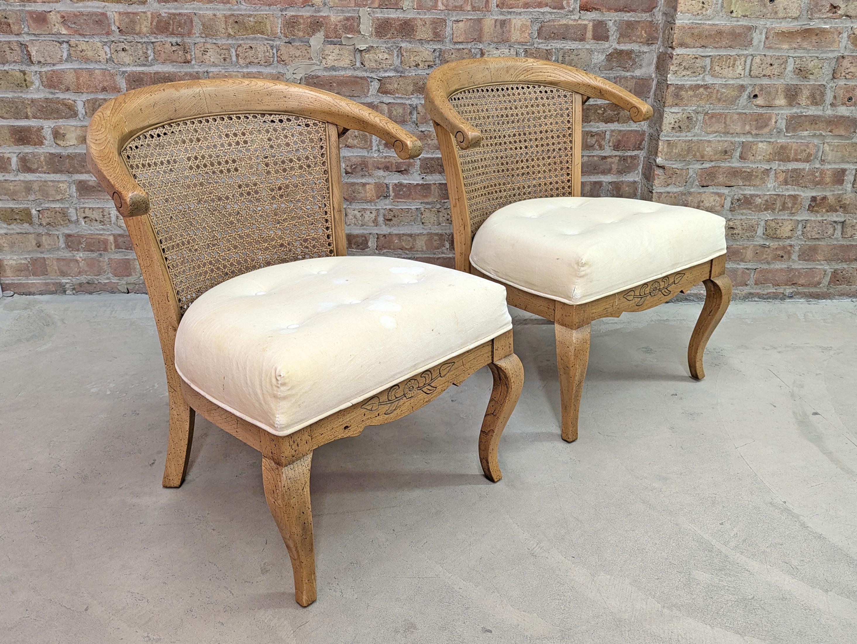 1990s French Country Oak & Cane Back Armless Lounge Chairs **email for shipping quote