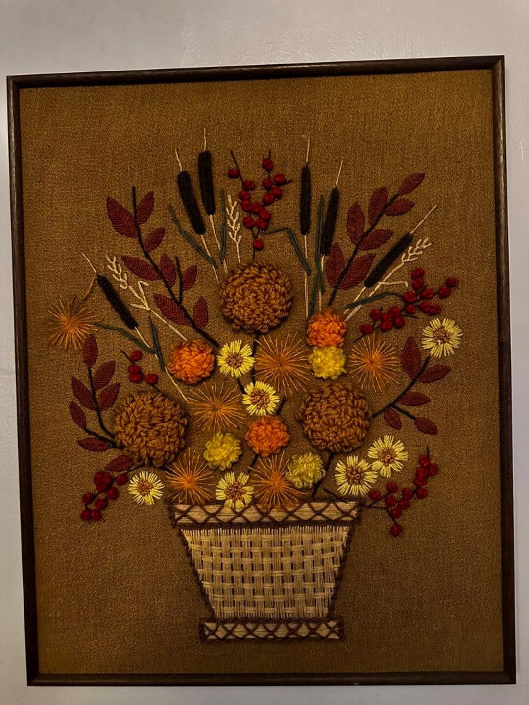 Vintage Framed Crewel Embroidery Floral Bouquet | 1970s Textile Wall ...
