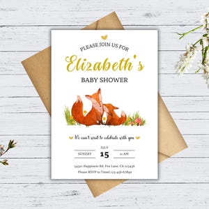 Invitación para baby shower de zorro / Tarjeta de invitación digital elegante / Imprimible / Editable / Personalizable