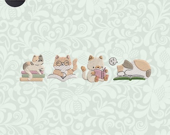 Cute Cat With Book Embroidery Design, Funny Cat Embroidery File, Animal Embroidery Machine File, Instant Download