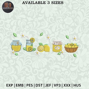 Könnte beinhalten: Gestickte Darstellung eines Honigglases, eines Glases Limonade und einer Schüssel mit Zitronen. Das Design ist in drei Größen erhältlich. Der Text "AVAILABLE 3 SIZES" befindet sich oben im Bild. Der Text "EXP | EMB | PES | DST | JEF | VP3 | XXX | HUS" befindet sich unten im Bild.