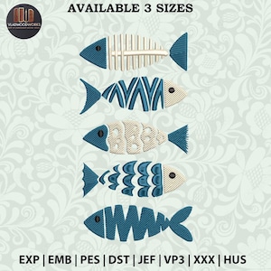 Könnte beinhalten: Satz mit vier blauen und weißen Fischstickereien. Die Designs zeigen verschiedene Muster, darunter ein Skelett, Wellen und Punkte. Der Text "AVAILABLE 3 SIZES" befindet sich oben im Bild. Der Text "EXP | EMB | PES | DST | JEF | VP3 | XXX | HUS" befindet sich unten im Bild.