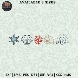 Può includere: Disegni ricamati con stella marina, conchiglia, corallo, conchiglia a spirale e sole sulle onde. Il testo "AVAILABLE 3 SIZES" è in alto. Formati di file di ricamo in basso.