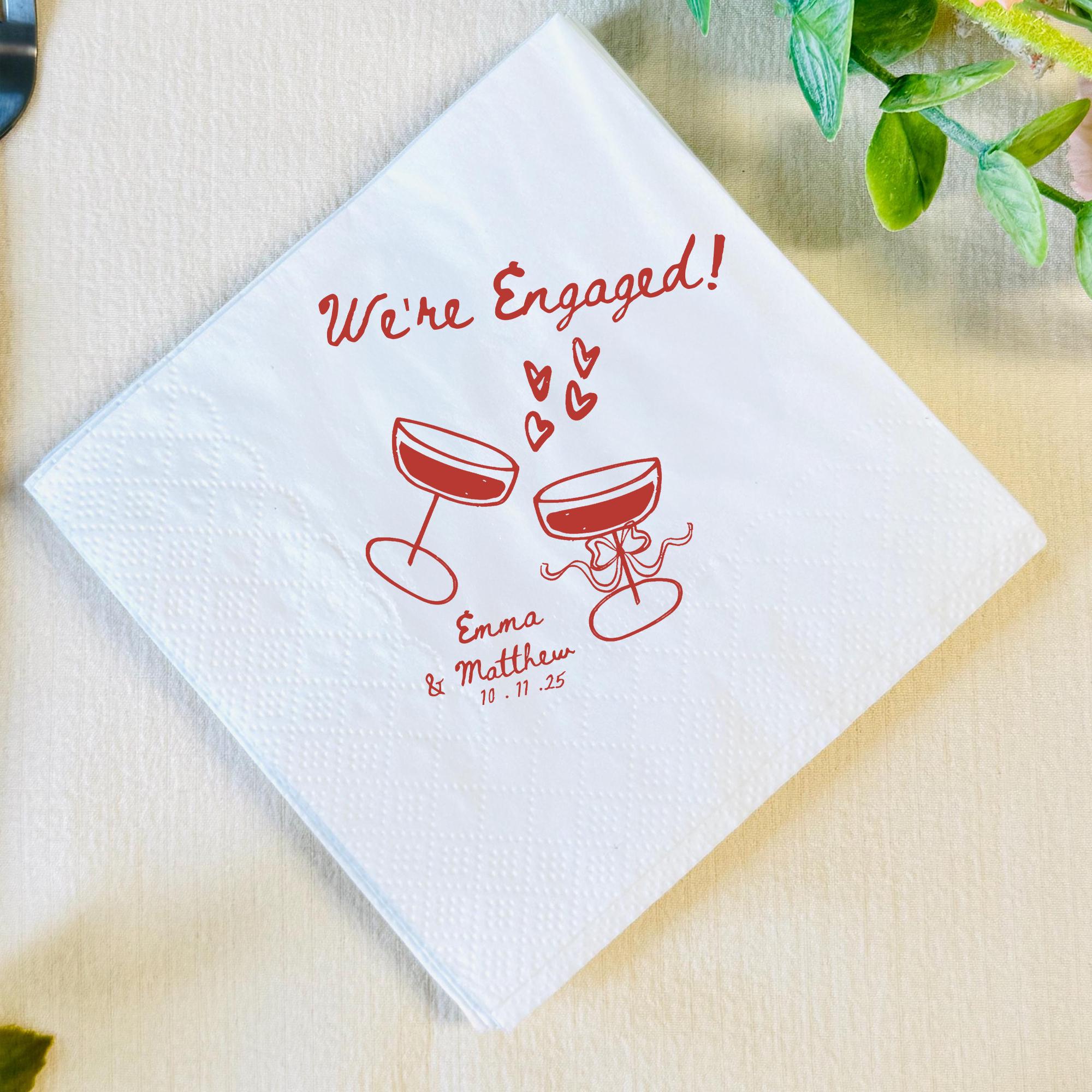 Personalized We're Engaged Hand Drawn Glasses Napkins, Custom Wedding Cocktail Napkins, Rehearsal Dinner, Engagement Party