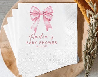 Personalized Pink Bow Baby Shower Napkins: Elegant Watercolor Ribbon Decor