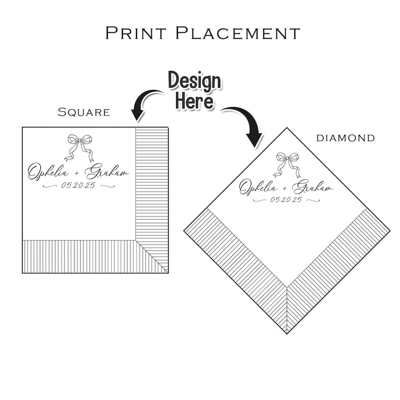 May include: Diagram showing print placement options for a wedding napkin. The text reads "Print Placement" and "Design Here." Two napkin designs are shown: square and diamond. Each napkin features a bow, names "Ophelia + Graham," and the date "05.20.25."