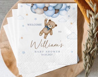 Teddy Bear Baby Shower Napkins: Beige Balloons, Editable Design