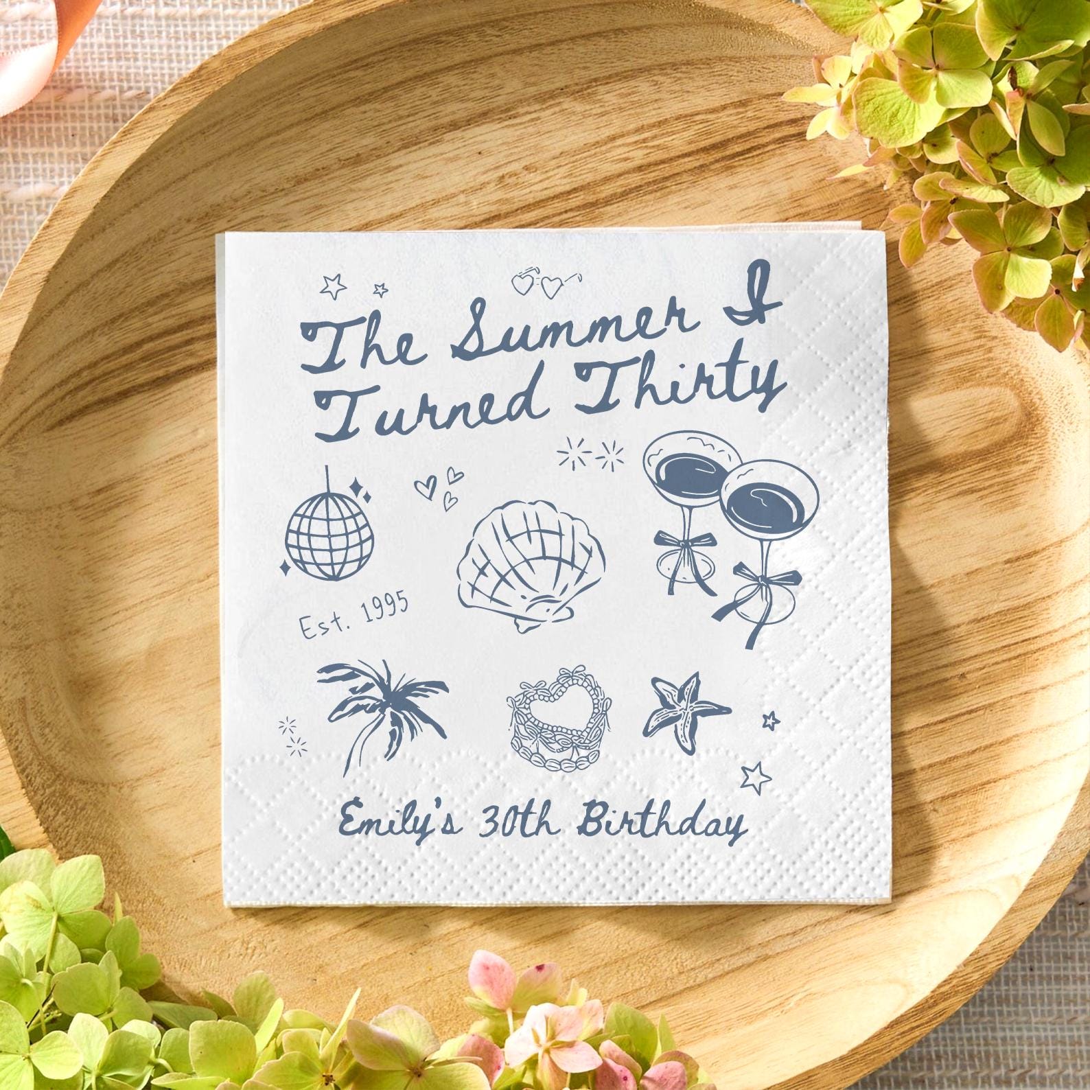 Custom 30th Birthday Napkins: Beach Theme, Personalized Party Decor