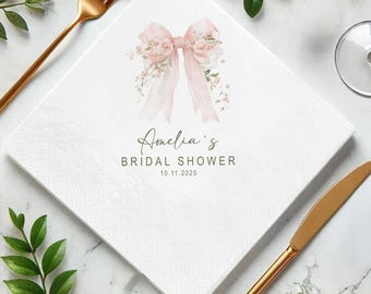 Pink Coquette Ribbon Bow Watercolor Napkins, Bridal Shower Napkins, Wedding Flower Decor