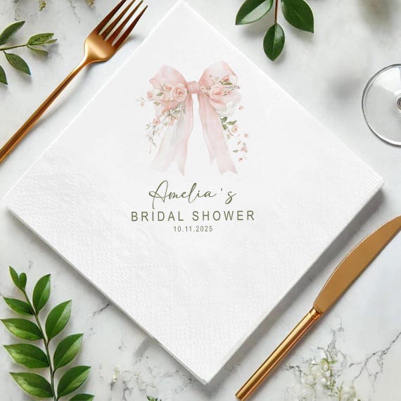 Pink Coquette Ribbon Bow Watercolor Napkins, Bridal Shower Napkins, Wedding Flower Decor